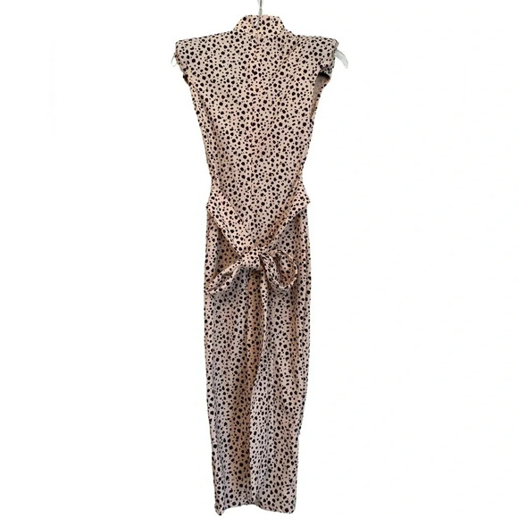 PrettyLittleThing Nude Dalmatian Shoulder Pad Tie Waist Midi Dress NWT - Picture 5 of 7